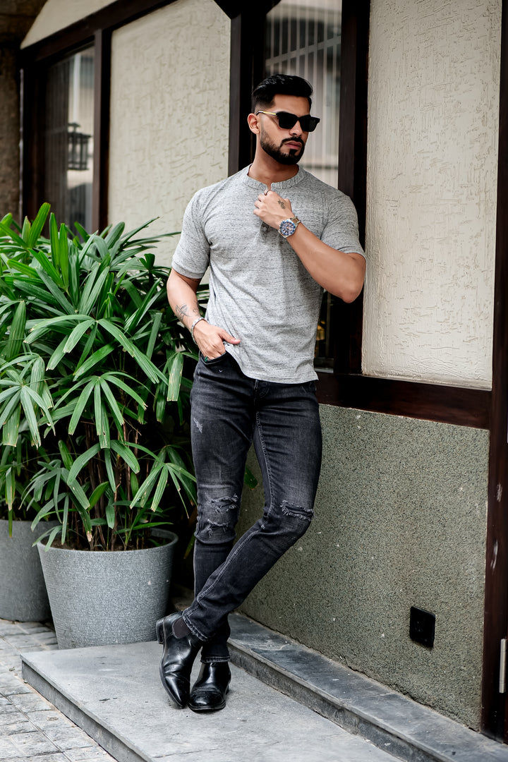 Grey Dotted Self Design Henley T-Shirt