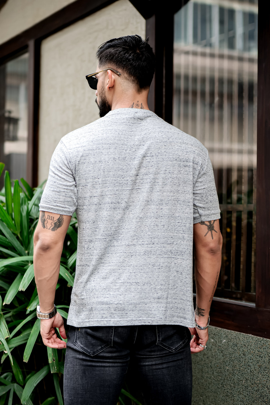 Grey Dotted Self Design Henley T-Shirt