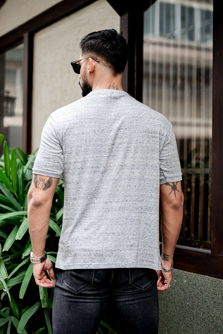 Grey Dotted Self Design Henley T-Shirt