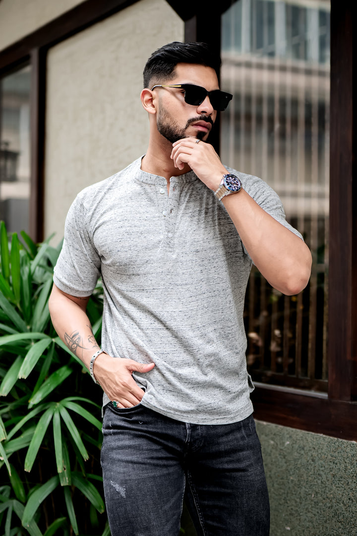 Grey Dotted Self Design Henley T-Shirt