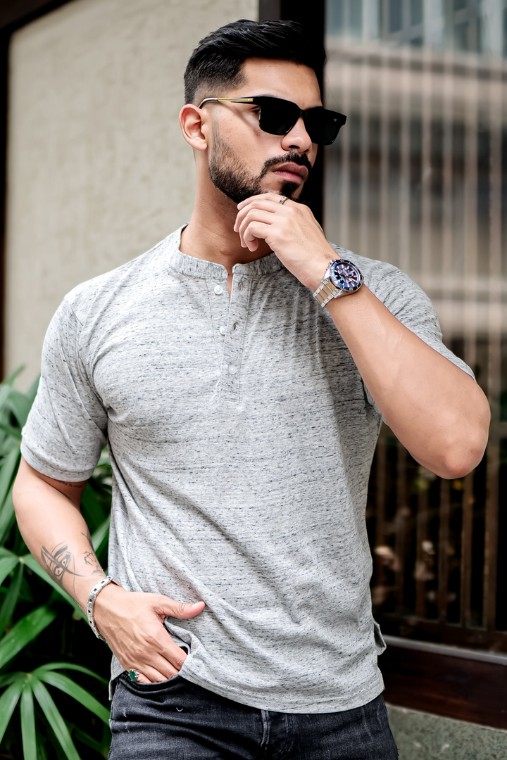 Grey Dotted Self Design Henley T-Shirt