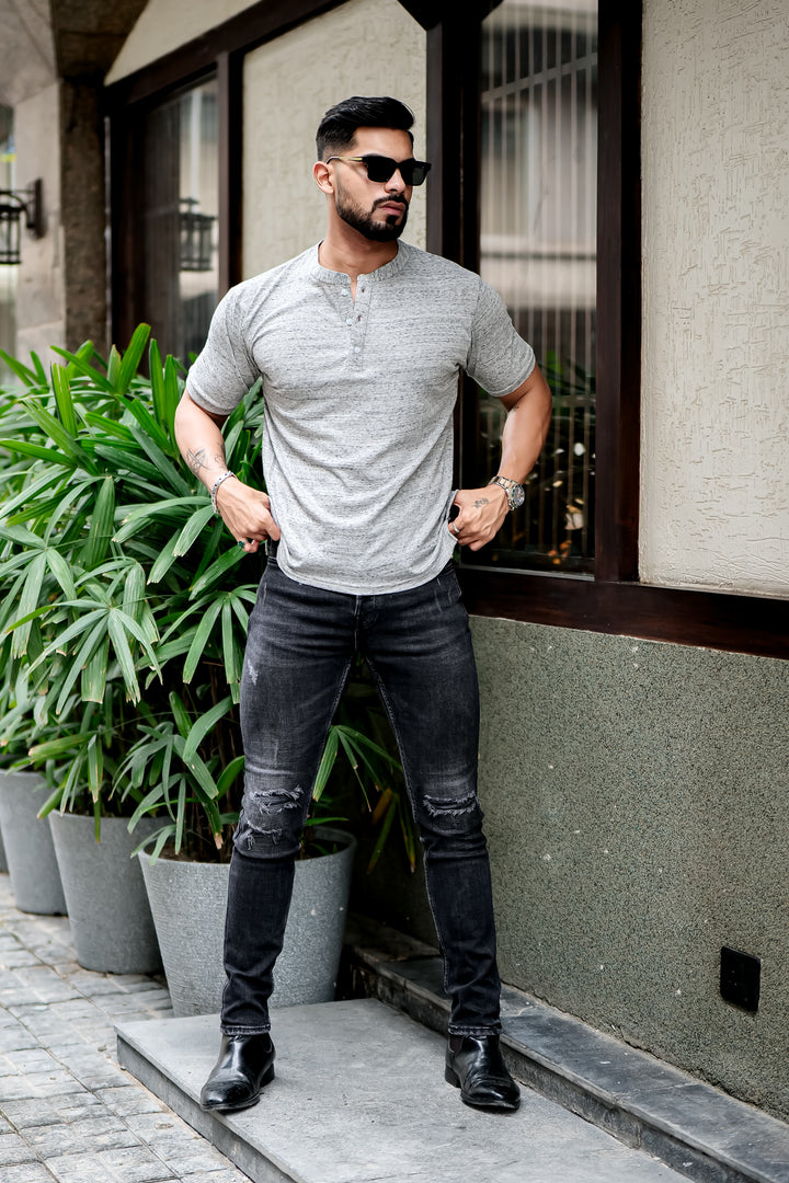 Grey Dotted Self Design Henley T-Shirt