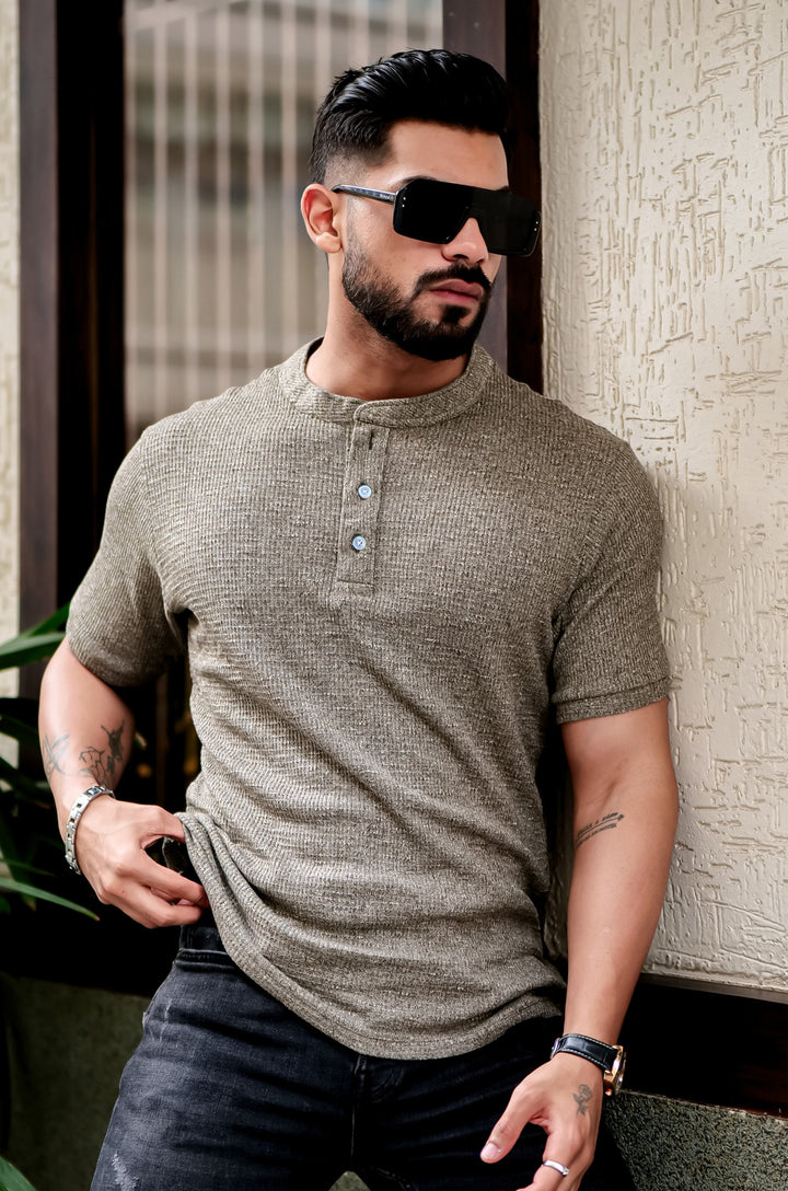 Grey Half Sleeves Self Design Waffle Henley T-shirt