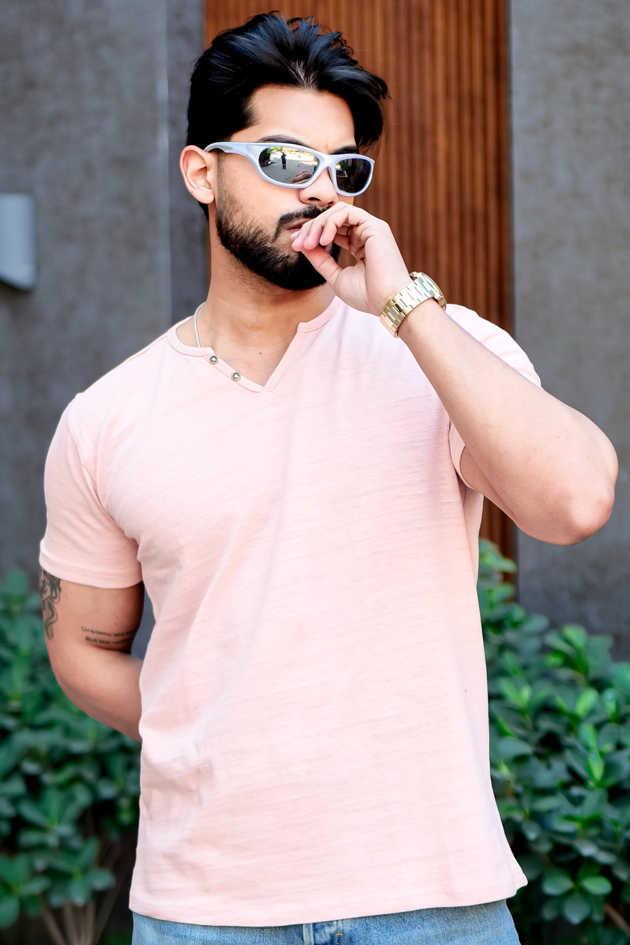 Pink Self Design Open Slub Henley T-Shirt