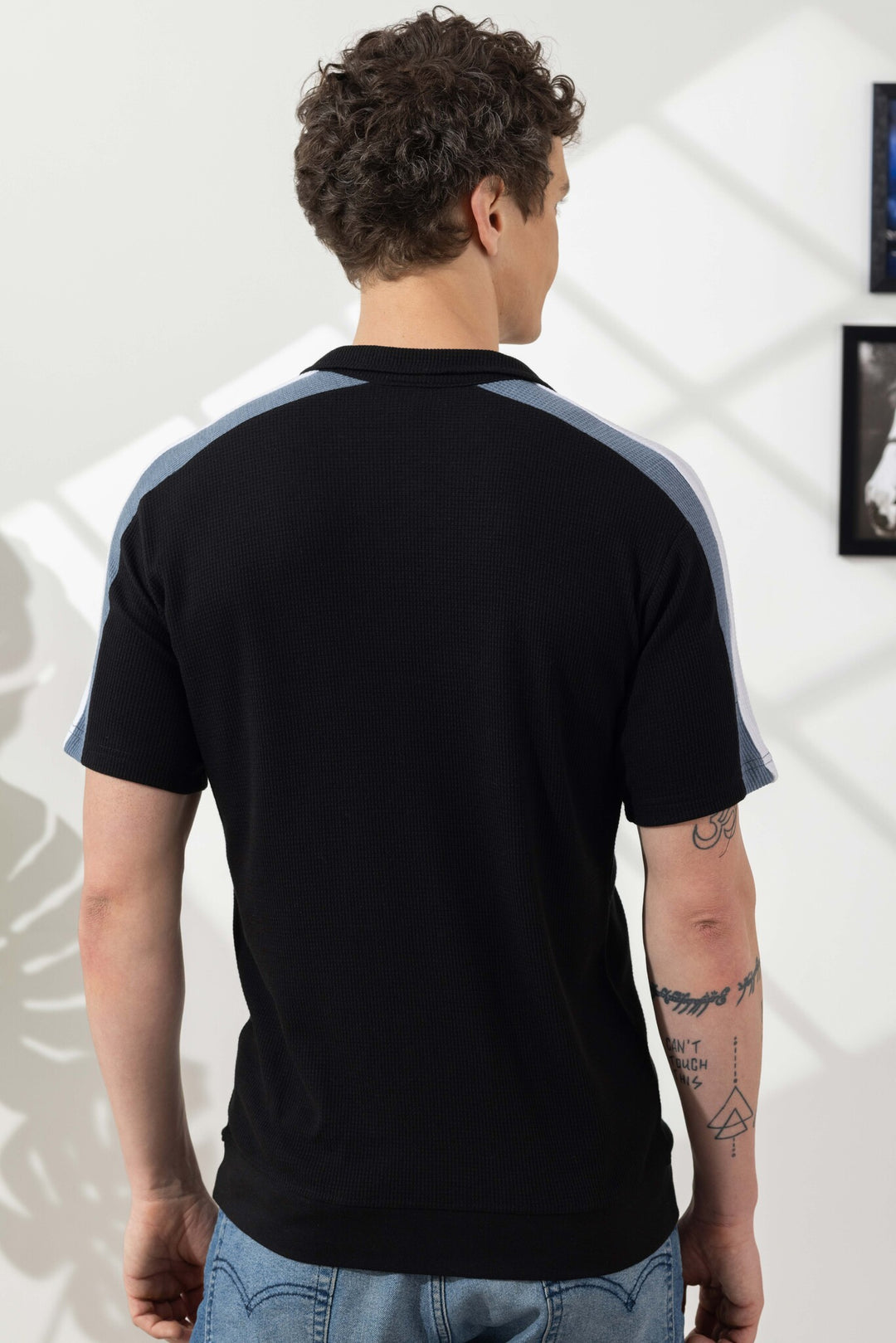 Black Waffle Self Design Zipper Collar T-Shirt