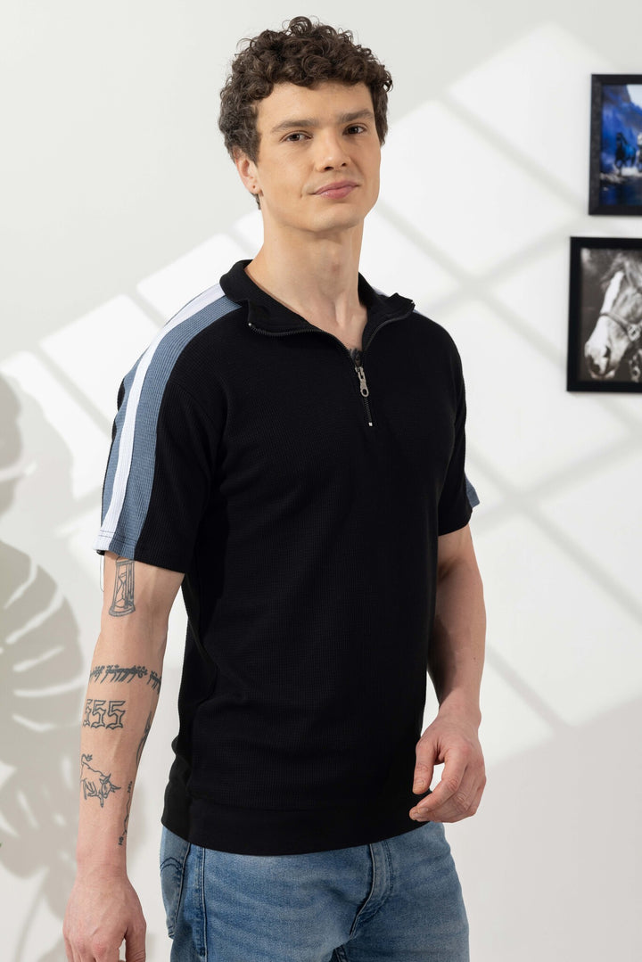 Black Waffle Self Design Zipper Collar T-Shirt