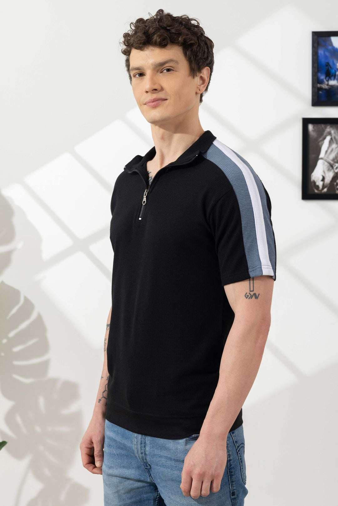 Black Waffle Self Design Zipper Collar T-Shirt