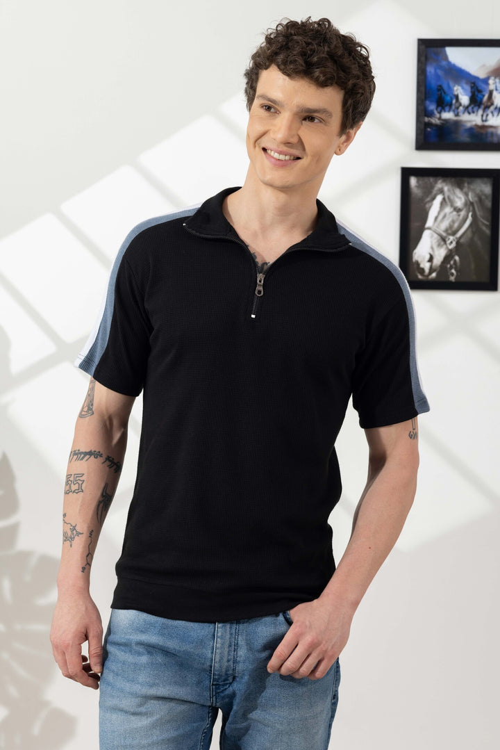 Black Waffle Self Design Zipper Collar T-Shirt
