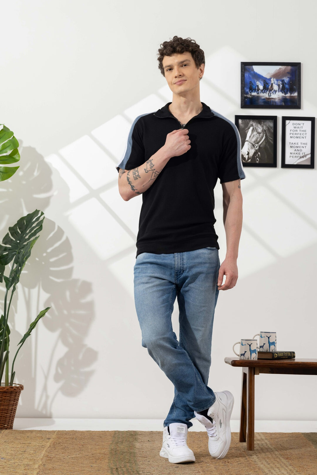 Black Waffle Self Design Zipper Collar T-Shirt