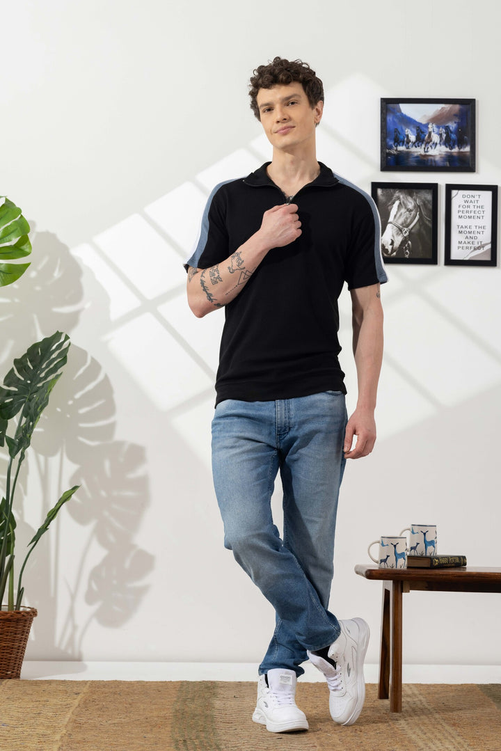 Black Waffle Self Design Zipper Collar T-Shirt