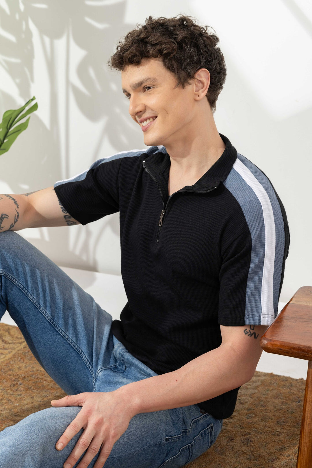 Black Waffle Self Design Zipper Collar T-Shirt