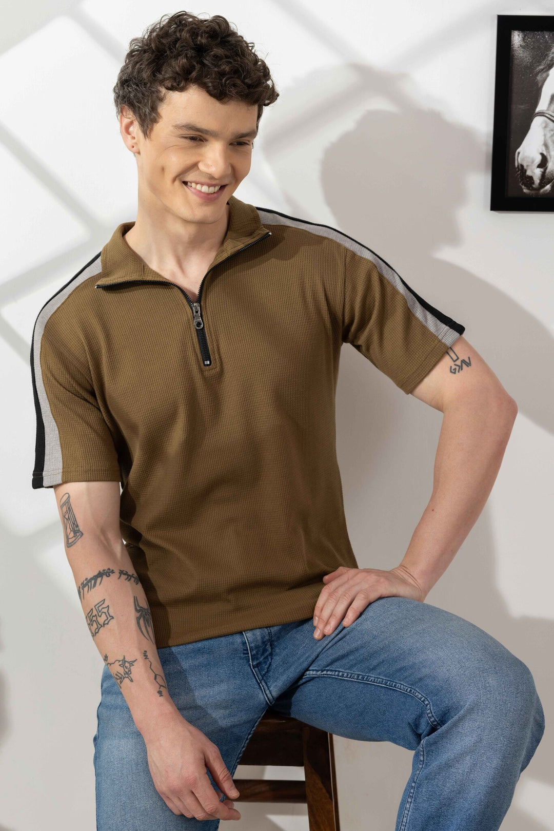 Olive Green Self Design Zipper Collar T-Shirt