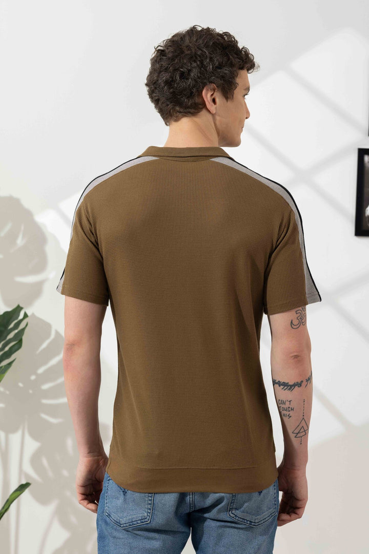 Olive Green Self Design Zipper Collar T-Shirt