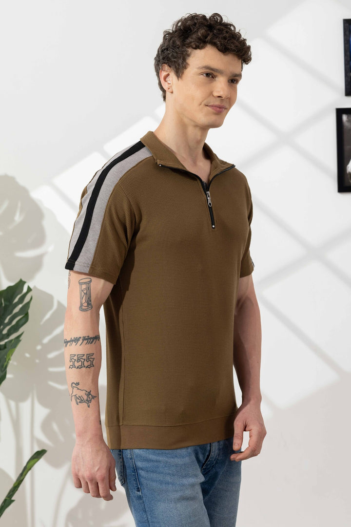 Olive Green Self Design Zipper Collar T-Shirt