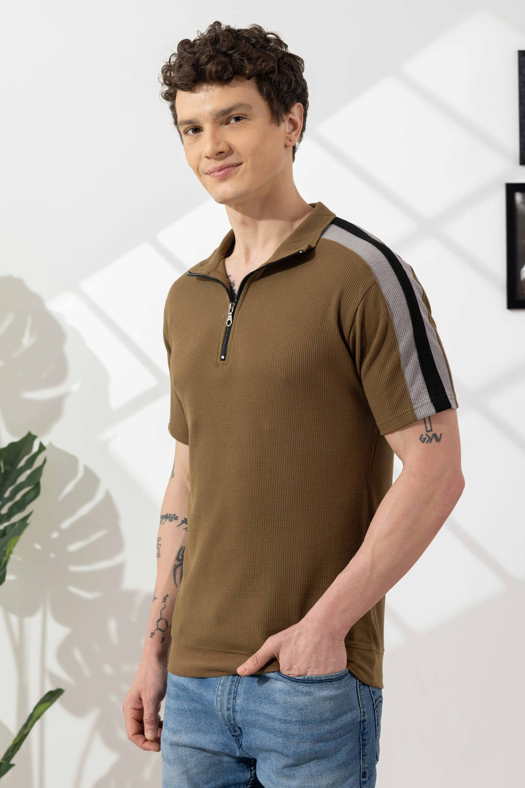 Olive Green Self Design Zipper Collar T-Shirt