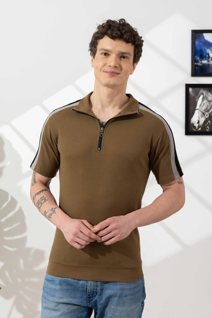 Olive Green Self Design Zipper Collar T-Shirt