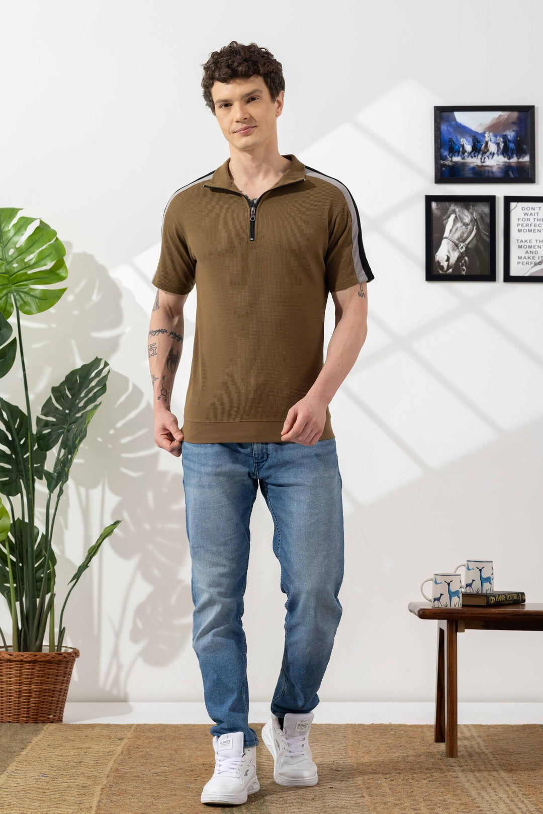 Olive Green Self Design Zipper Collar T-Shirt
