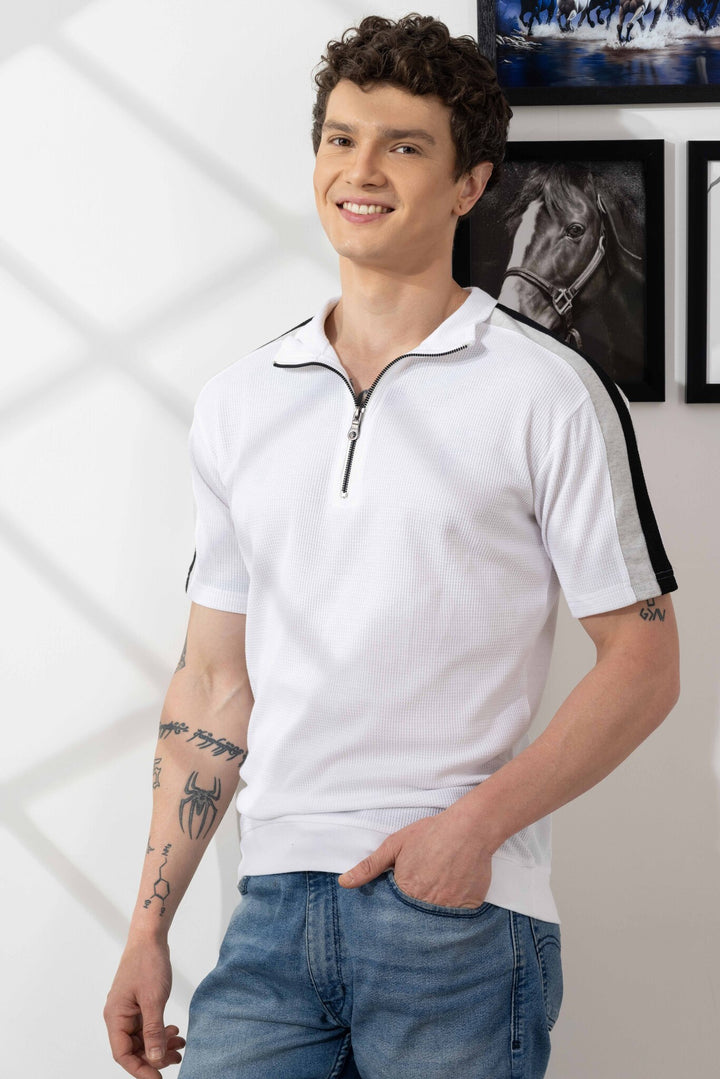 White Self Design Zipper Collar T-Shirt