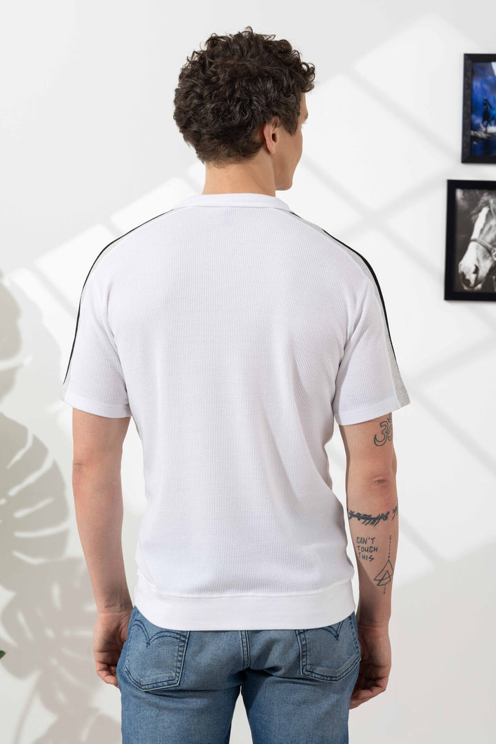 White Self Design Zipper Collar T-Shirt