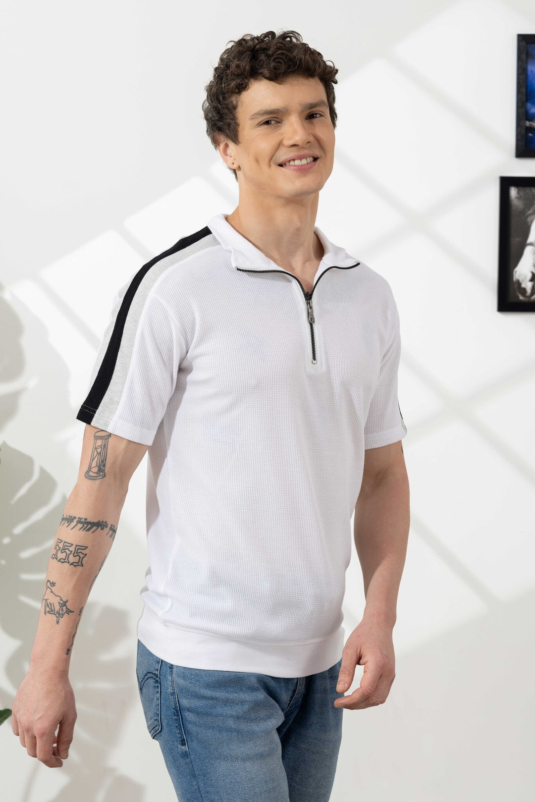 White Self Design Zipper Collar T-Shirt