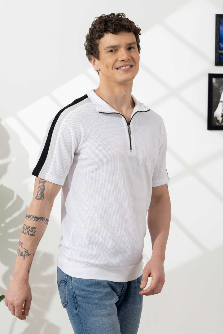 White Self Design Zipper Collar T-Shirt