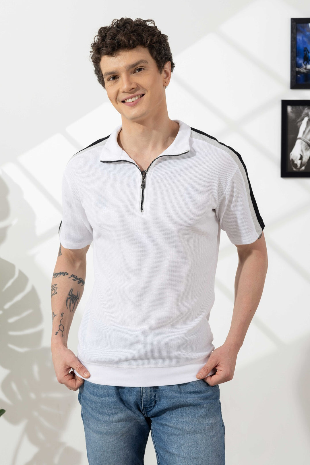 White Self Design Zipper Collar T-Shirt