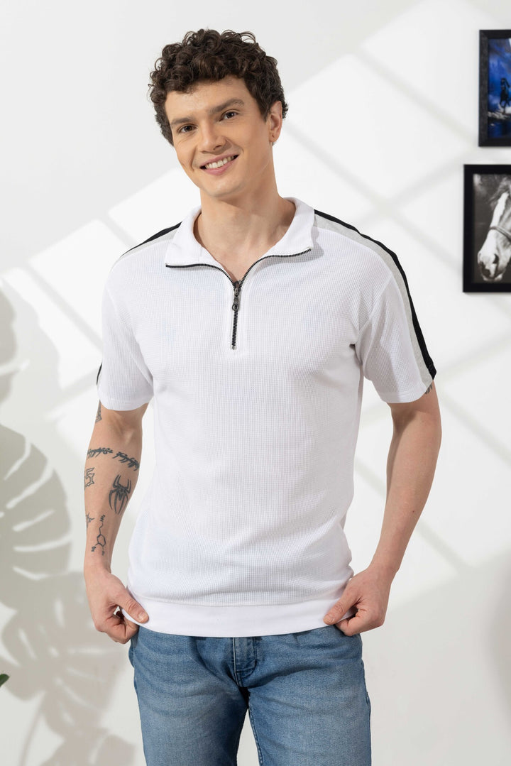 White Self Design Zipper Collar T-Shirt
