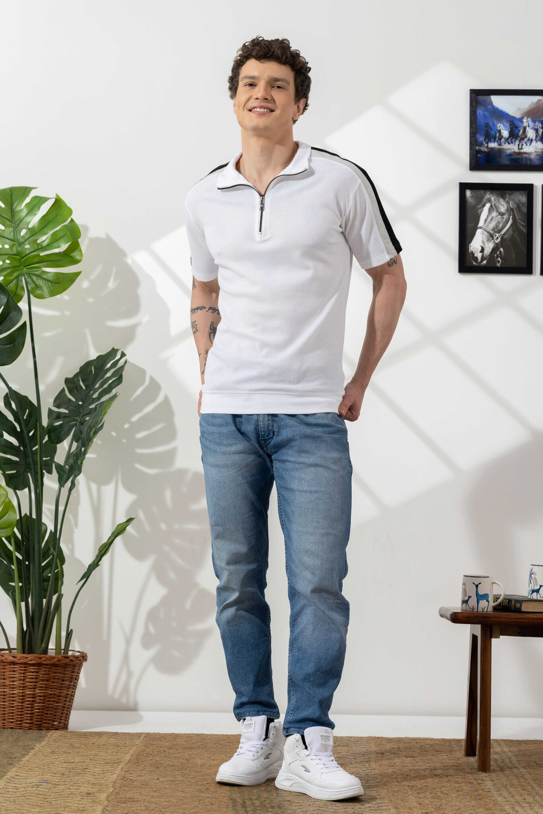 White Self Design Zipper Collar T-Shirt