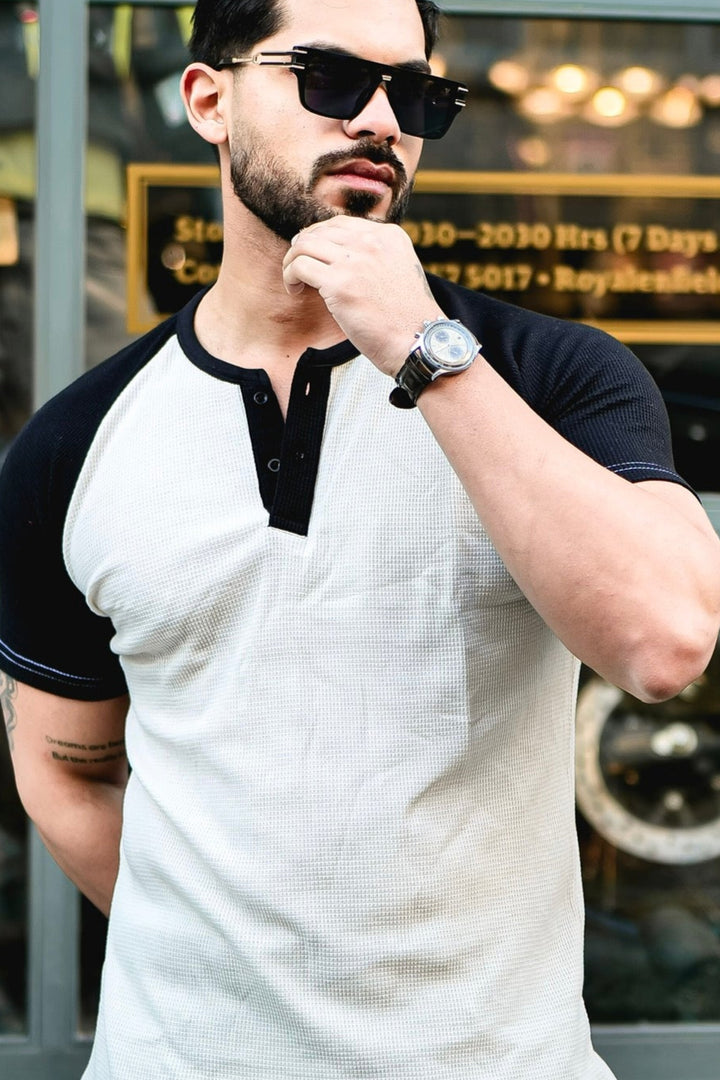 Black & White Waffle Colorblock Raglan Half Sleeve T-Shirt