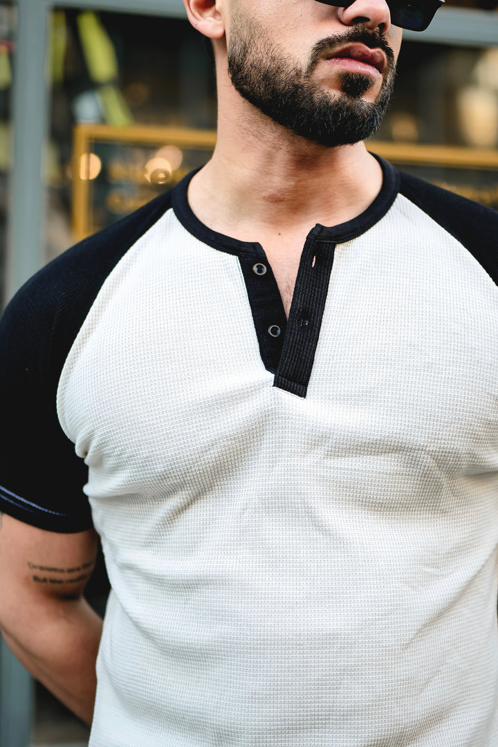 Black & White Waffle Colorblock Raglan Half Sleeve T-Shirt