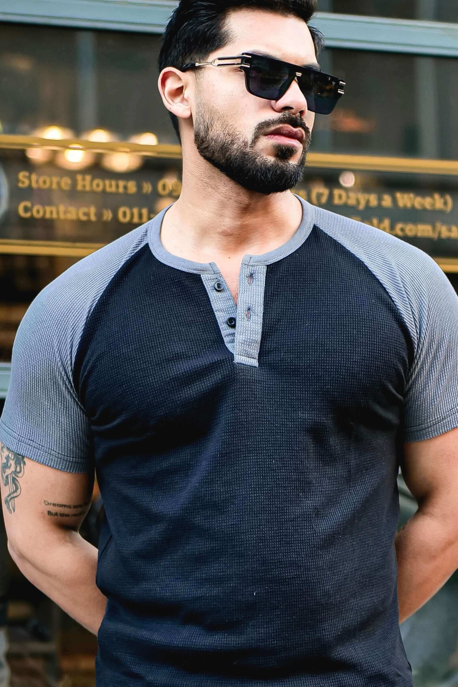 Black Waffle Colorblock Raglan Half Sleeve T-Shirt