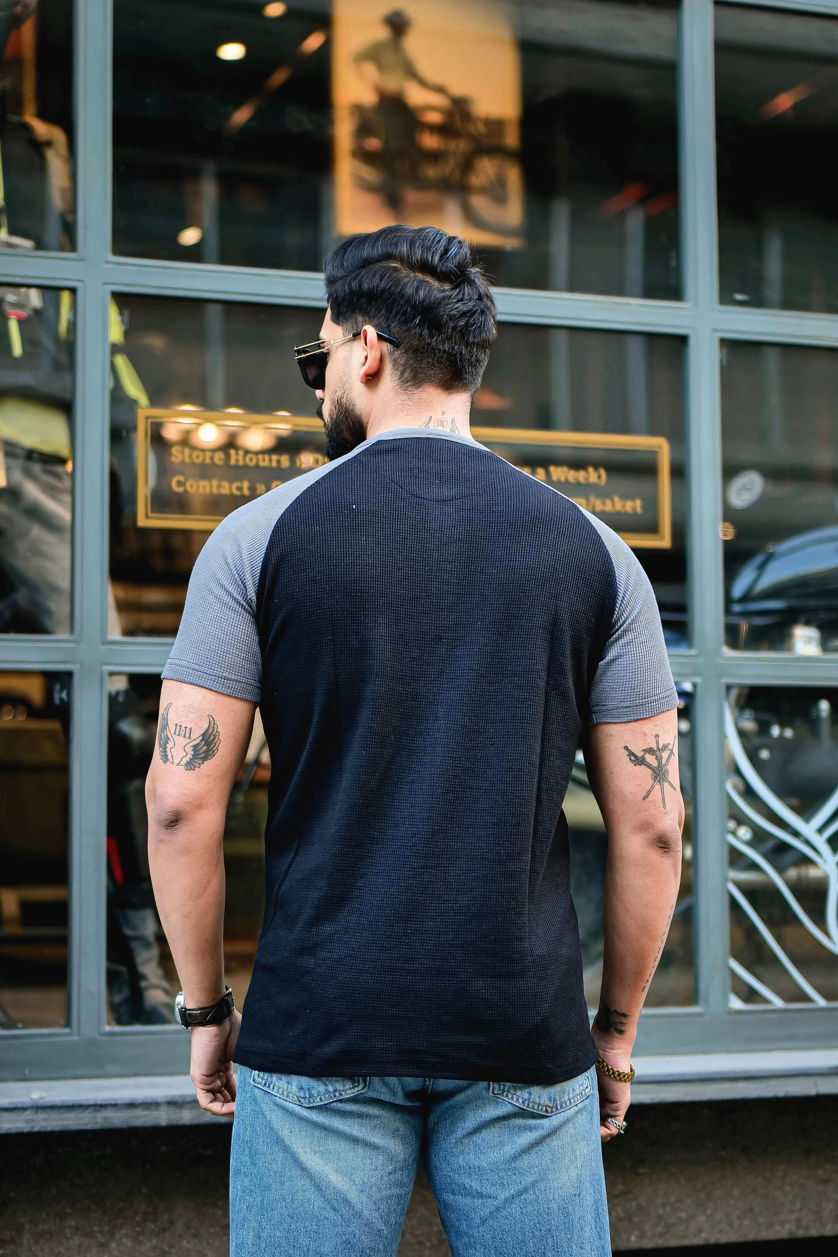 Black Waffle Colorblock Raglan Half Sleeve T-Shirt