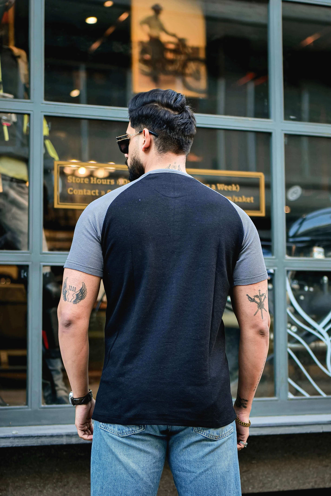 Black Waffle Colorblock Raglan Half Sleeve T-Shirt