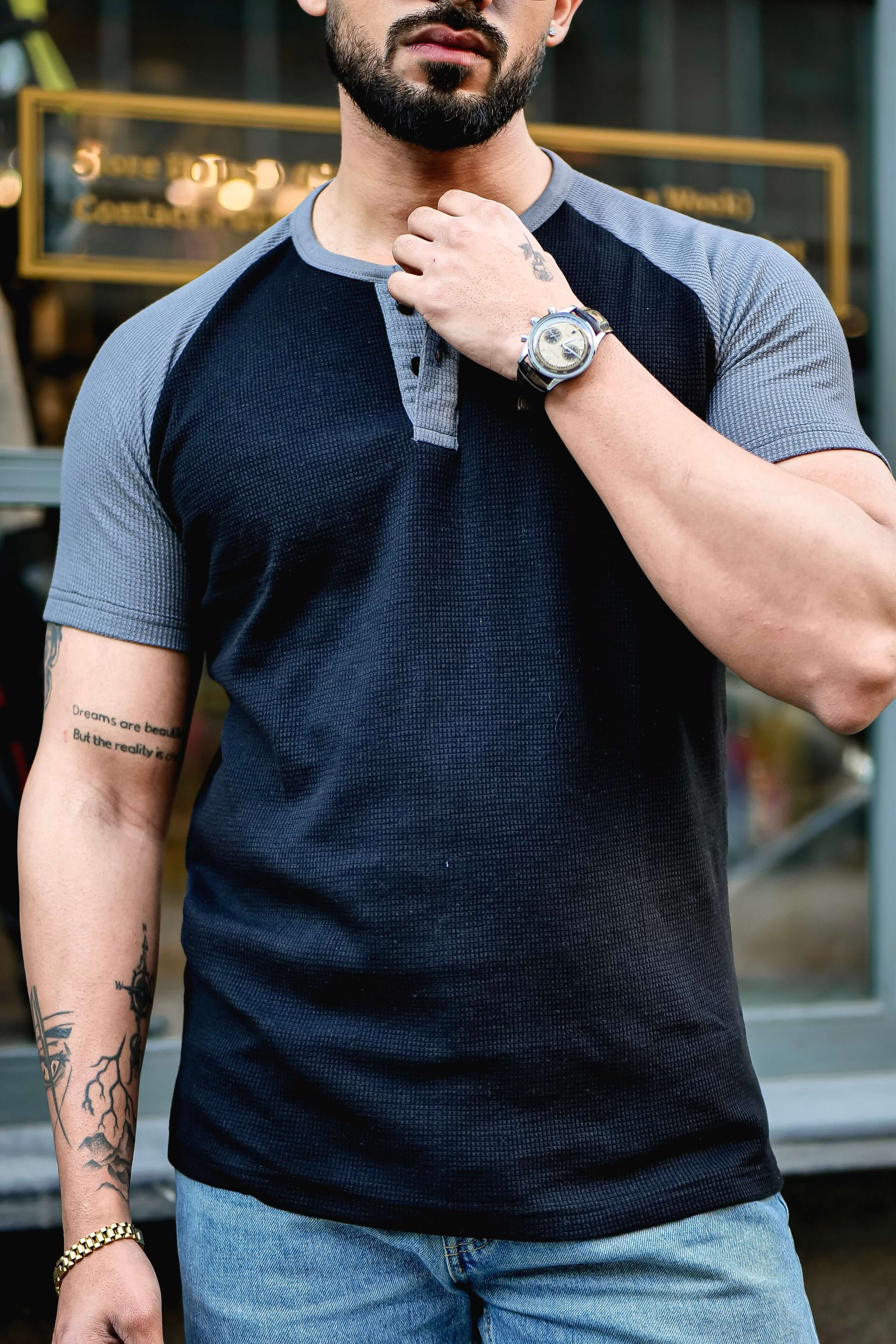 Black Waffle Colorblock Raglan Half Sleeve T-Shirt