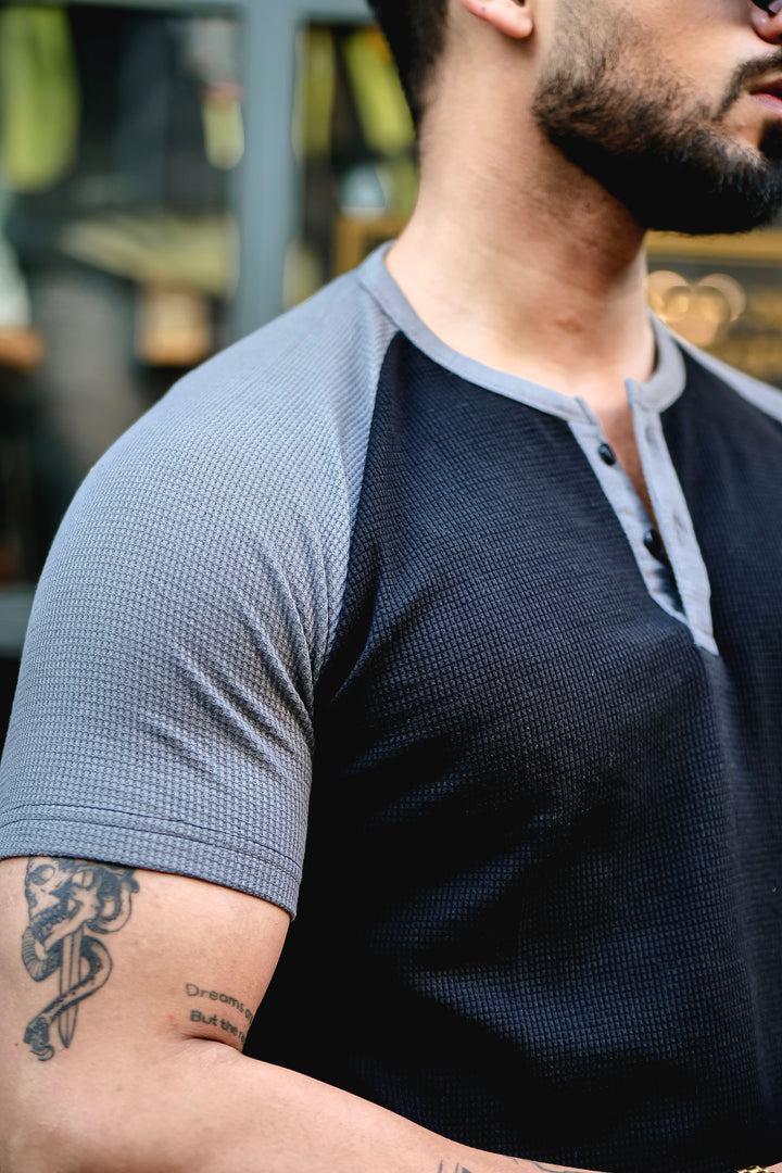 Black Waffle Colorblock Raglan Half Sleeve T-Shirt