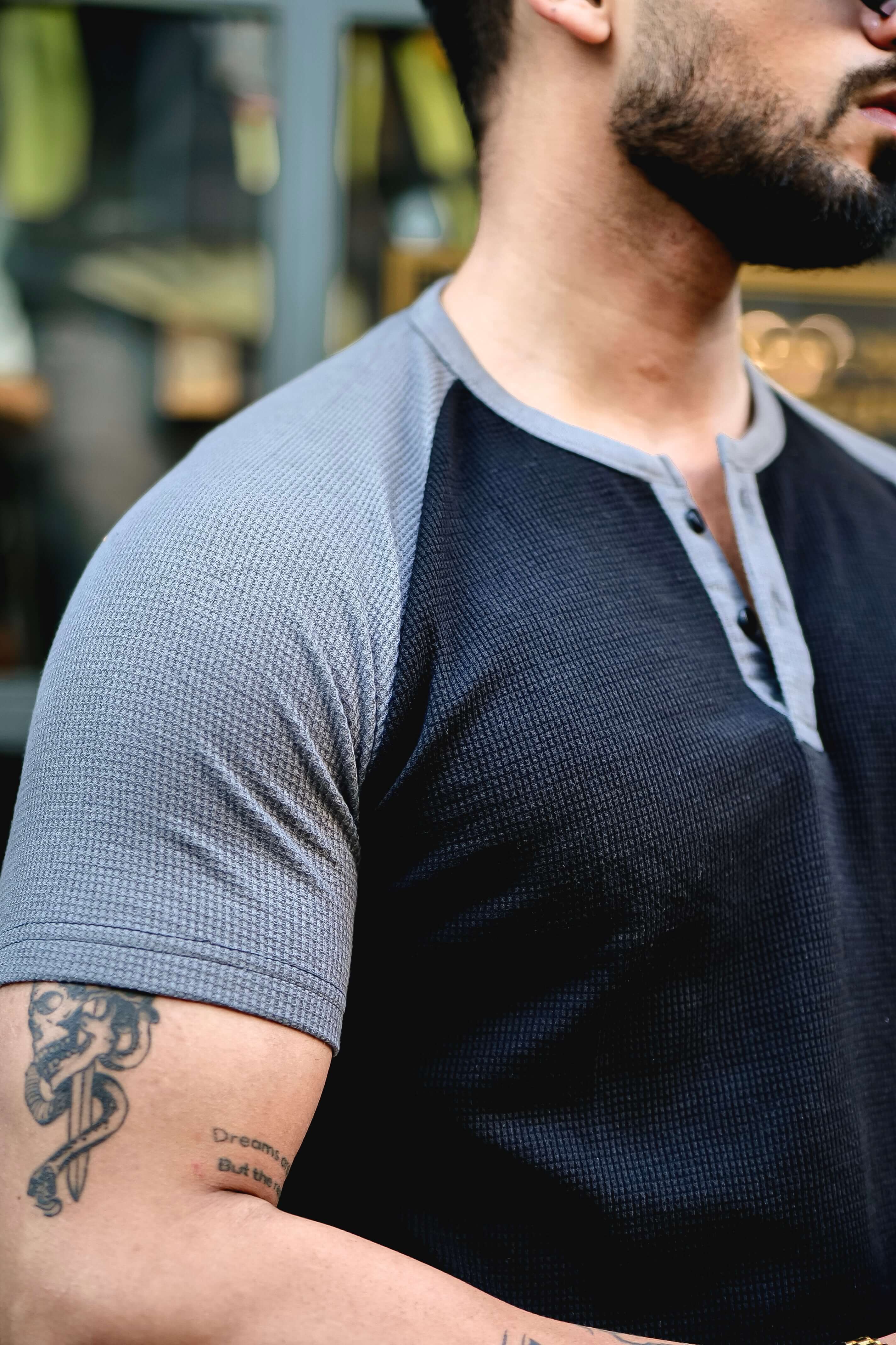 Black Waffle Colorblock Raglan Half Sleeve T-Shirt