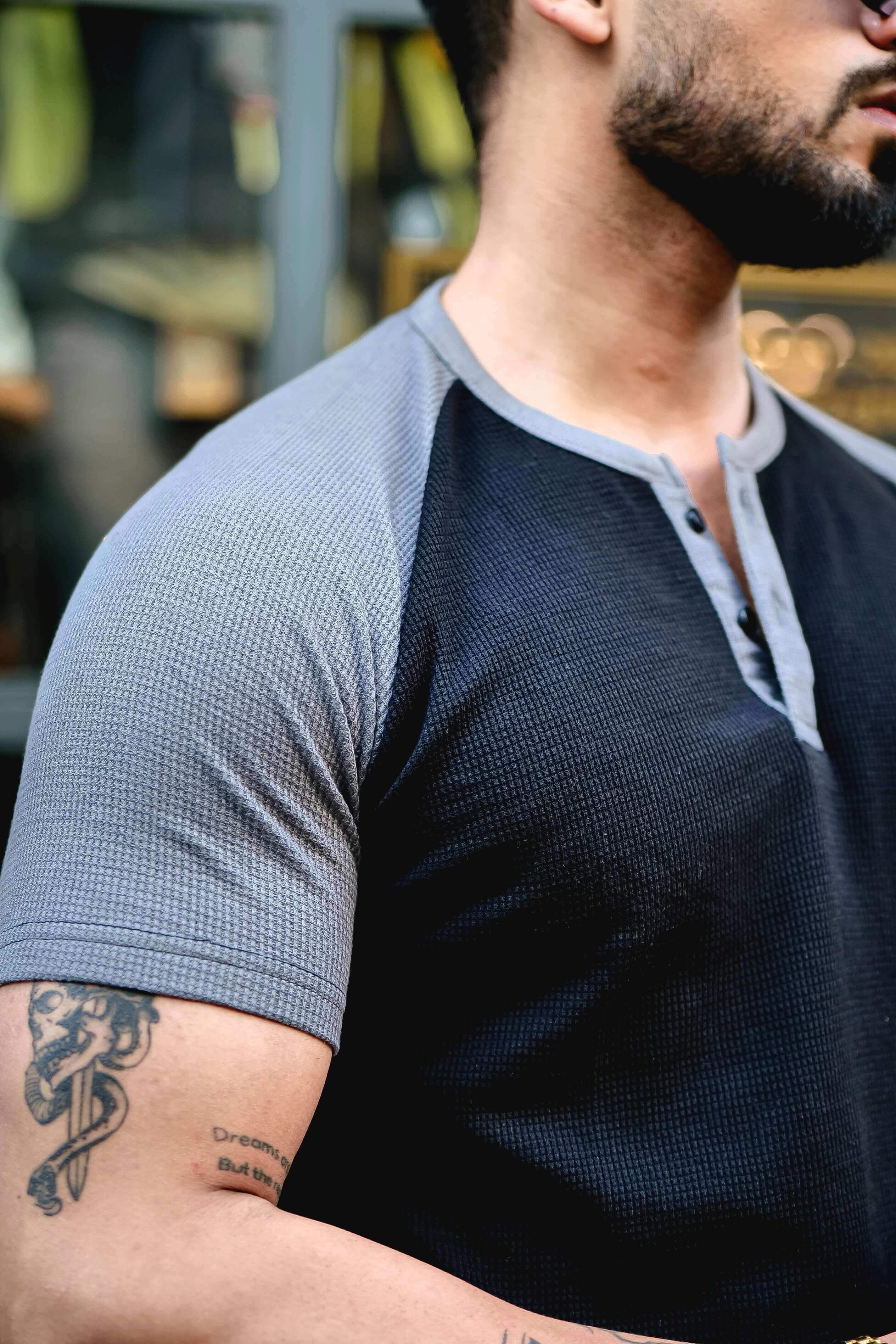Black Waffle Colorblock Raglan Half Sleeve T-Shirt