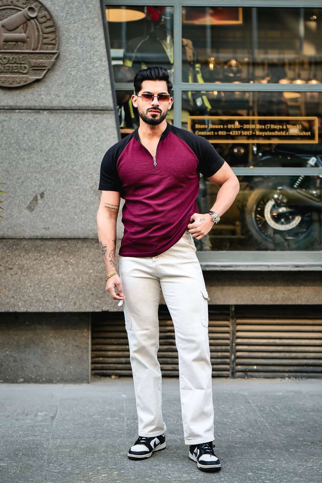 Wine Black Self Design Color Block Zipper T-Shirt