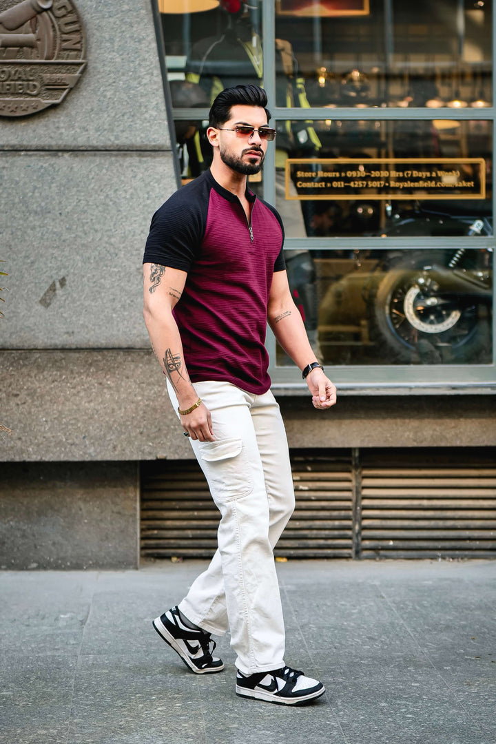 Wine Black Self Design Color Block Zipper T-Shirt