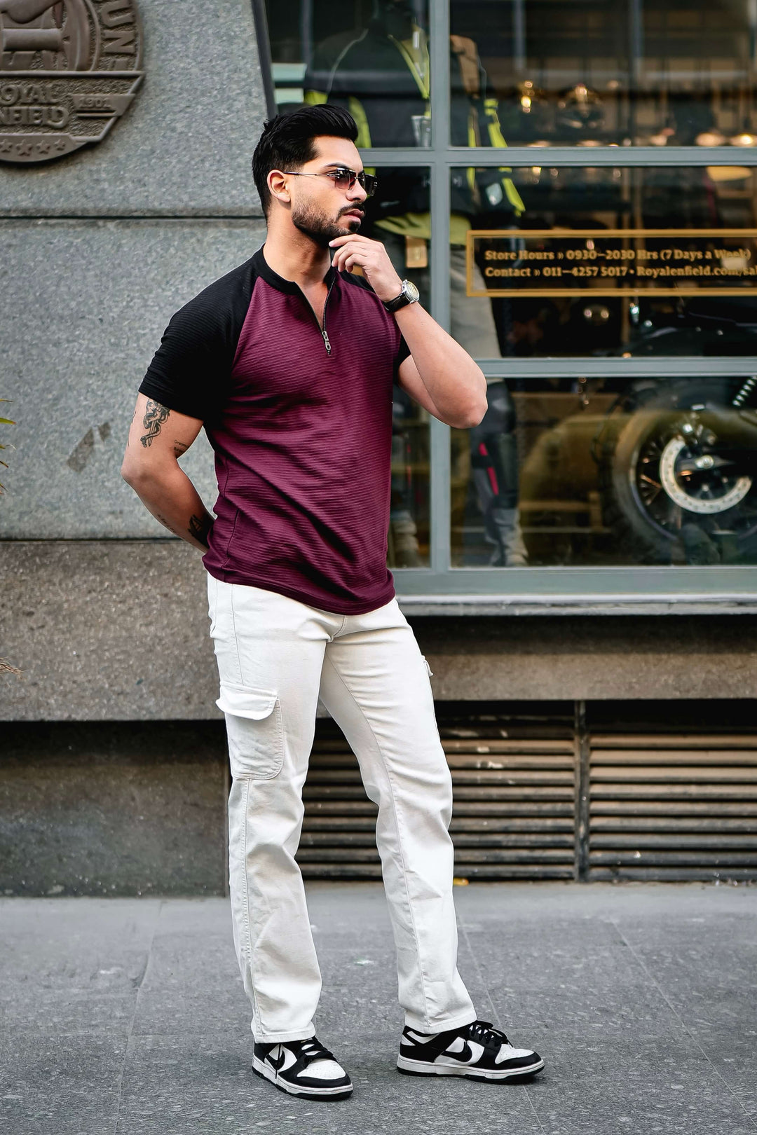 Wine Black Self Design Color Block Zipper T-Shirt