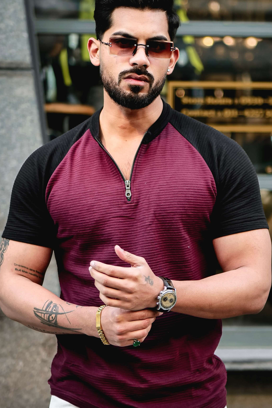 Wine Black Self Design Color Block Zipper T-Shirt