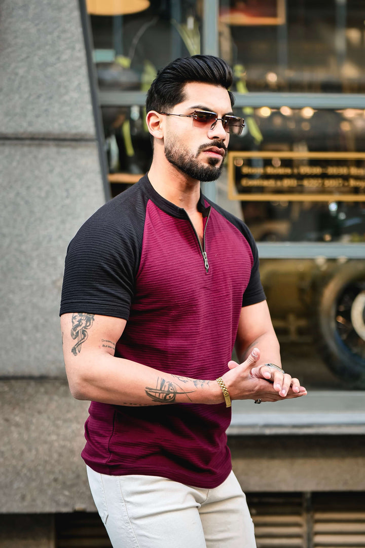 Wine Black Self Design Color Block Zipper T-Shirt