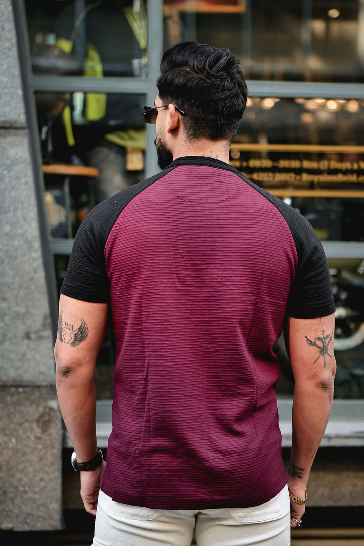 Wine Black Self Design Color Block Zipper T-Shirt
