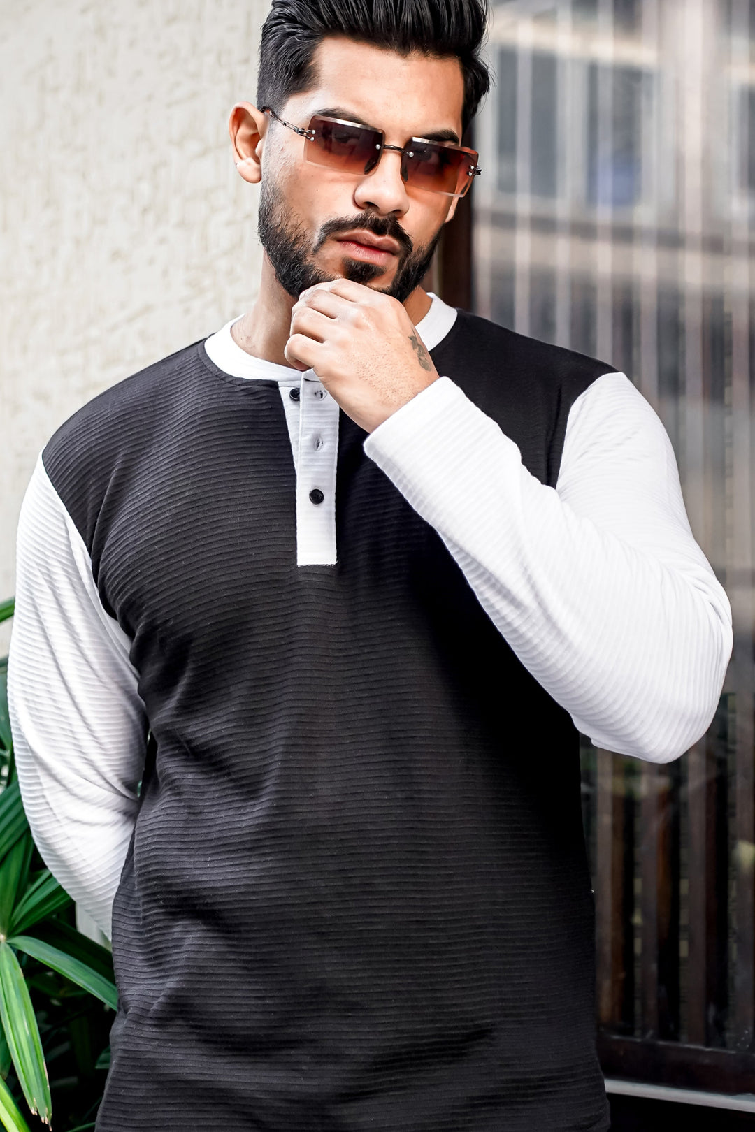 Black Color Block Henley T-Shirt