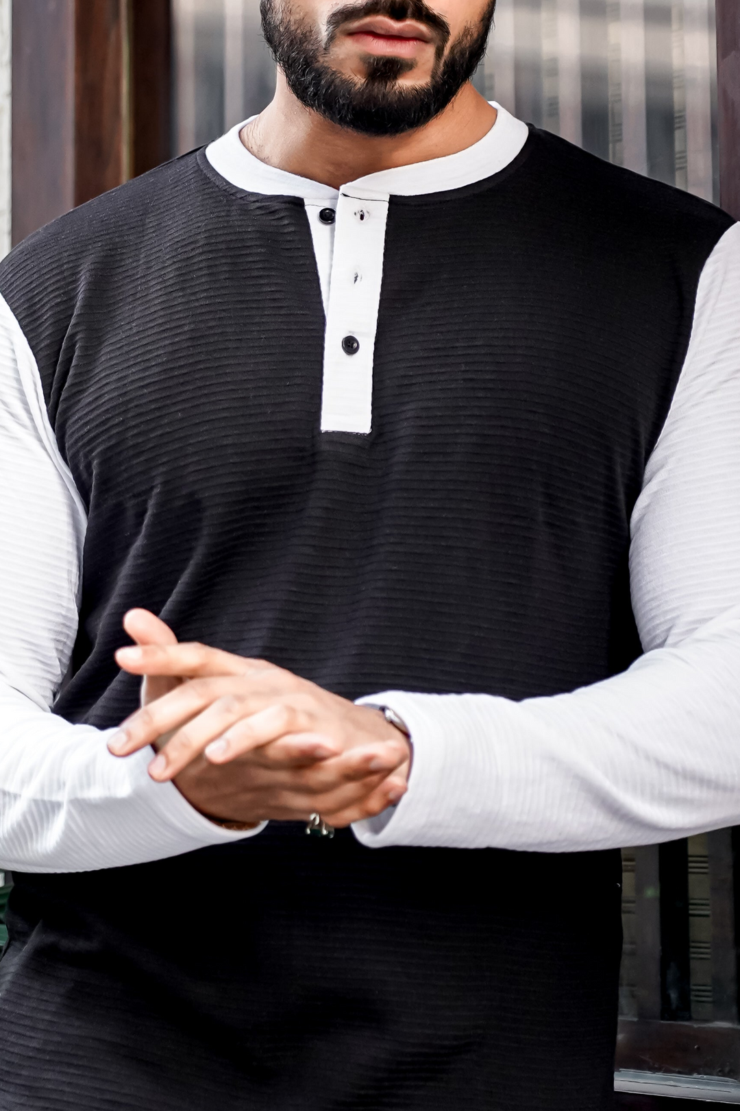 Black Color Block Henley T-Shirt