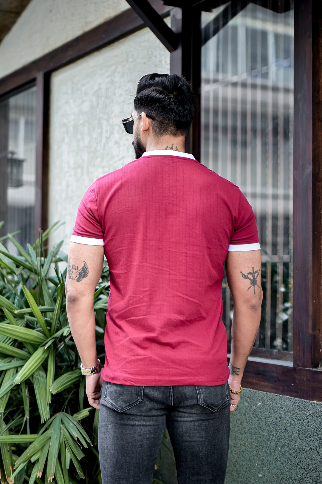 Maroon Drop Needle Zipper T-Shirt