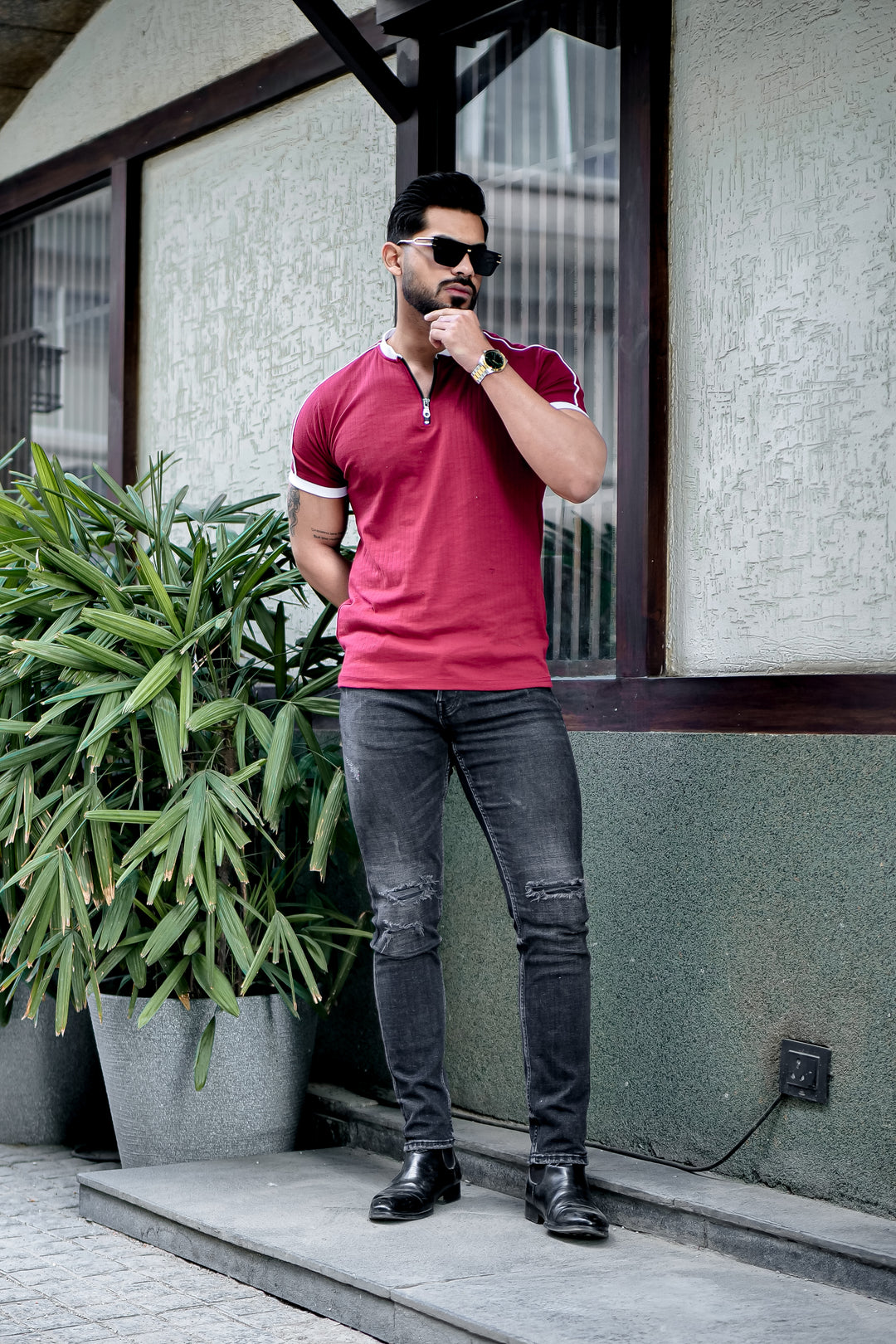 Maroon Drop Needle Zipper T-Shirt