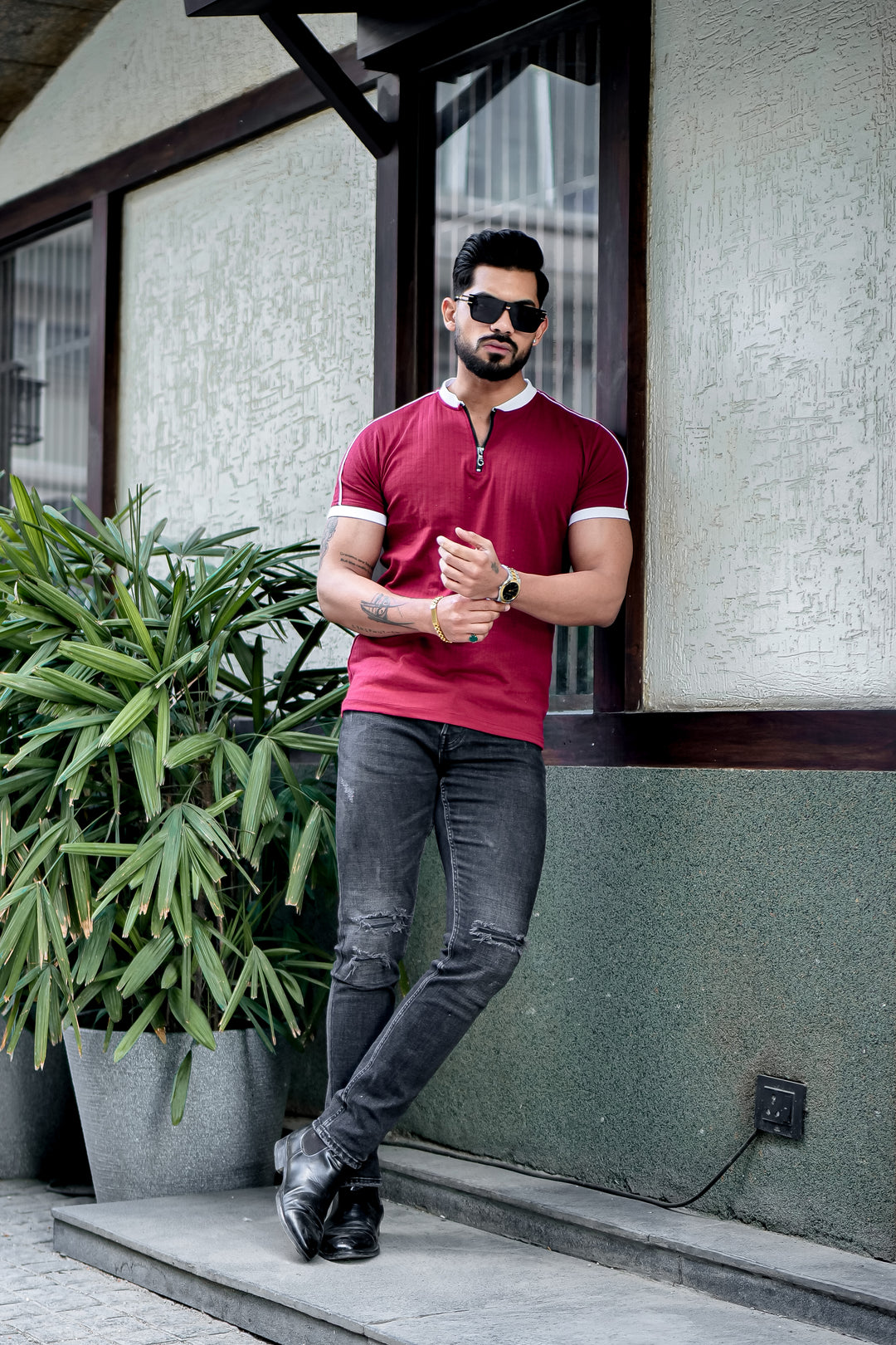 Maroon Drop Needle Zipper T-Shirt
