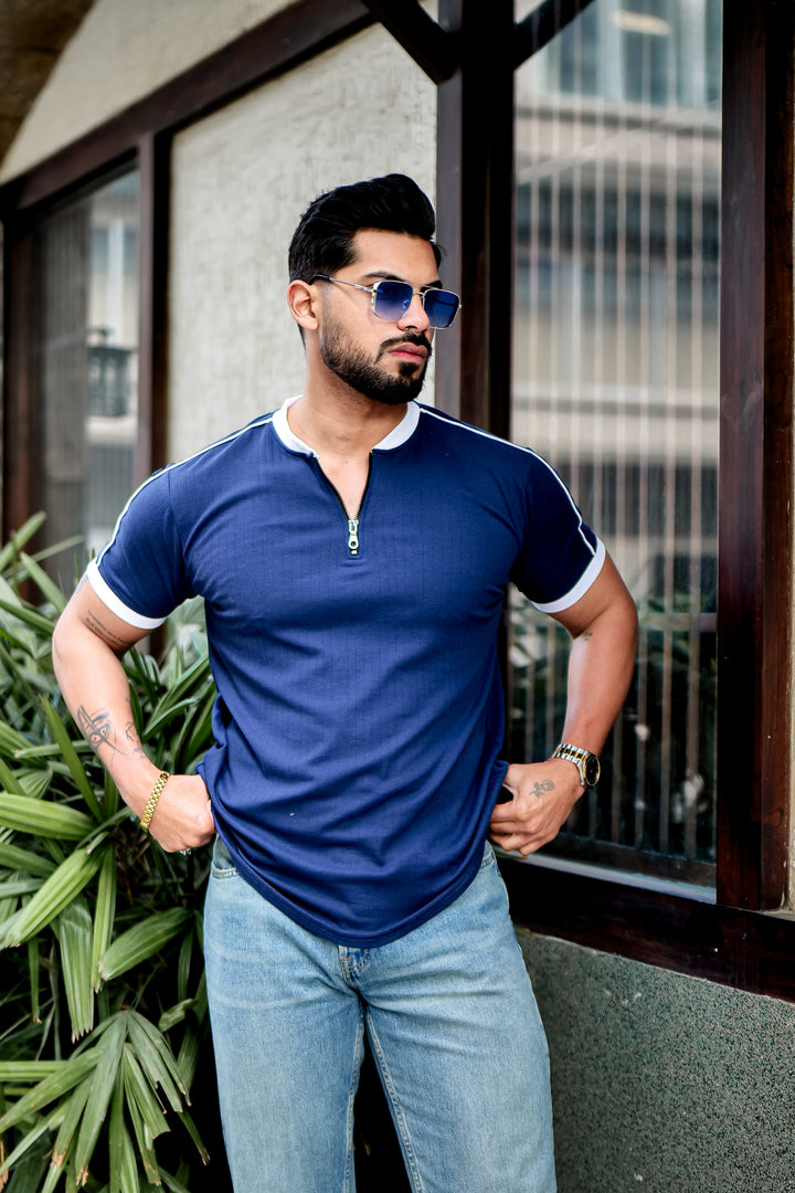 Blue Drop Needle Zipper T-Shirt