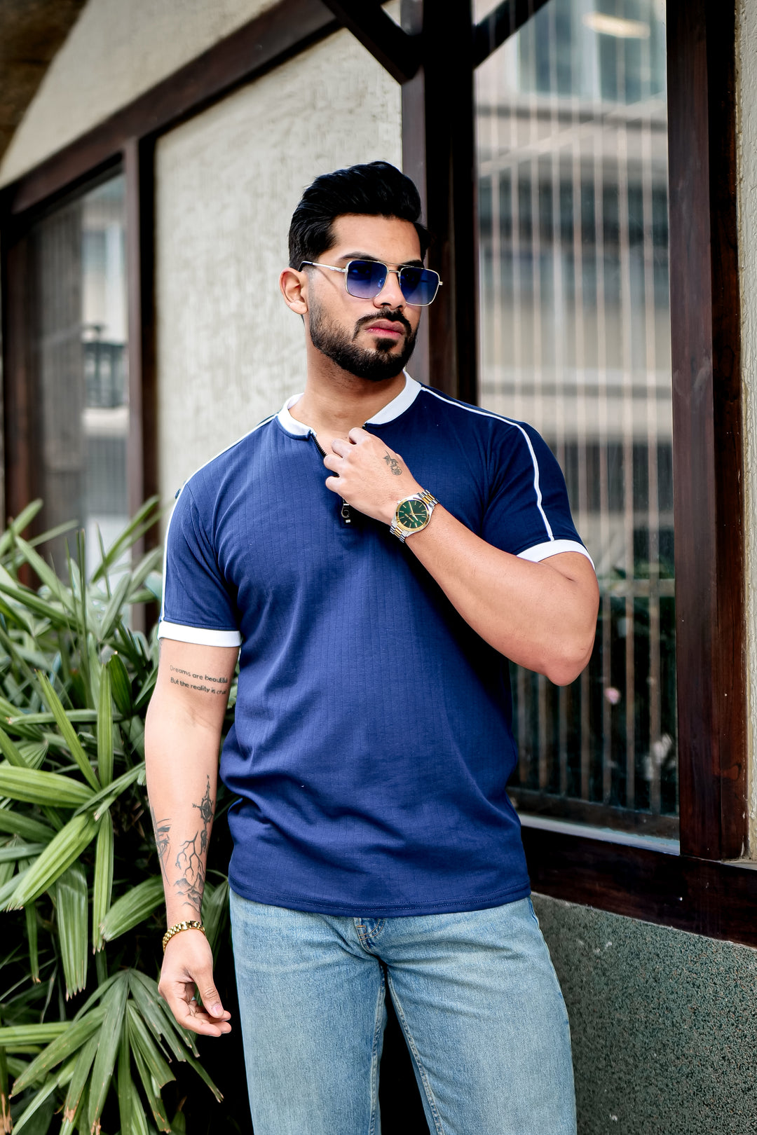 Blue Drop Needle Zipper T-Shirt
